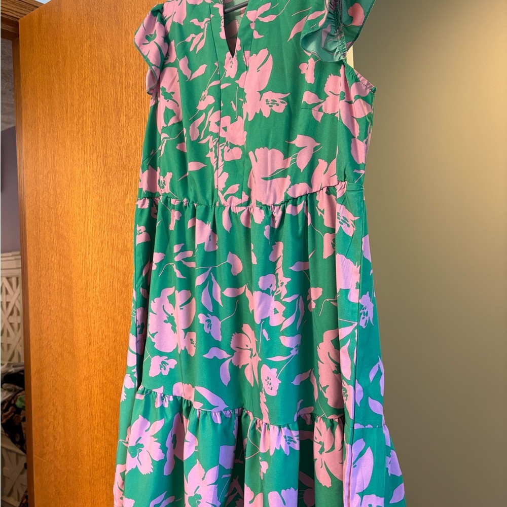 SHEIN Green and Pink Ruffled Sundress OX